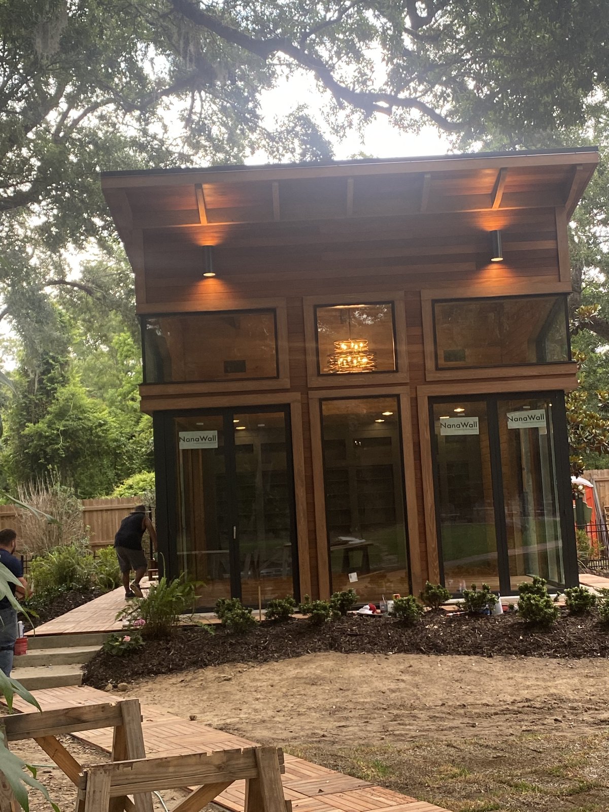 Finished structure at dusk with lighting