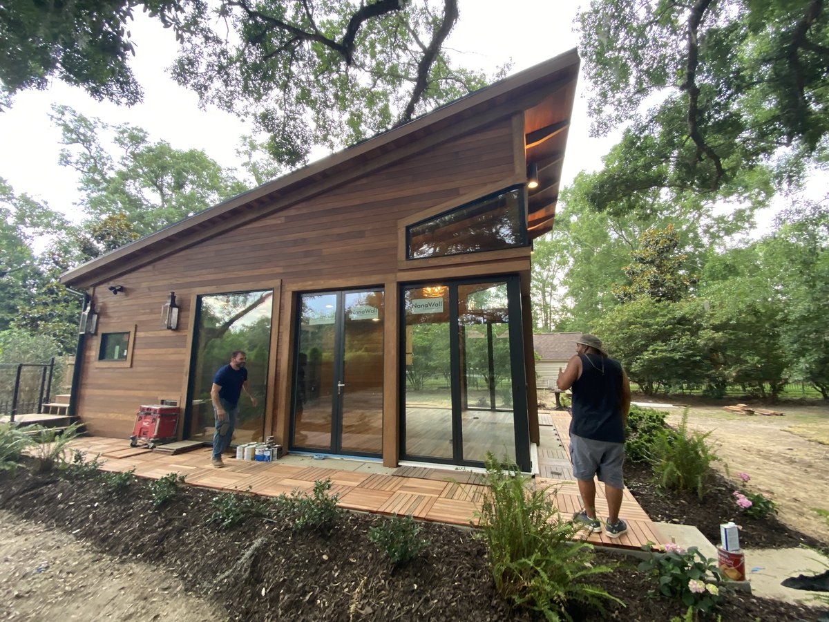 Modern wood structure with angular roofline