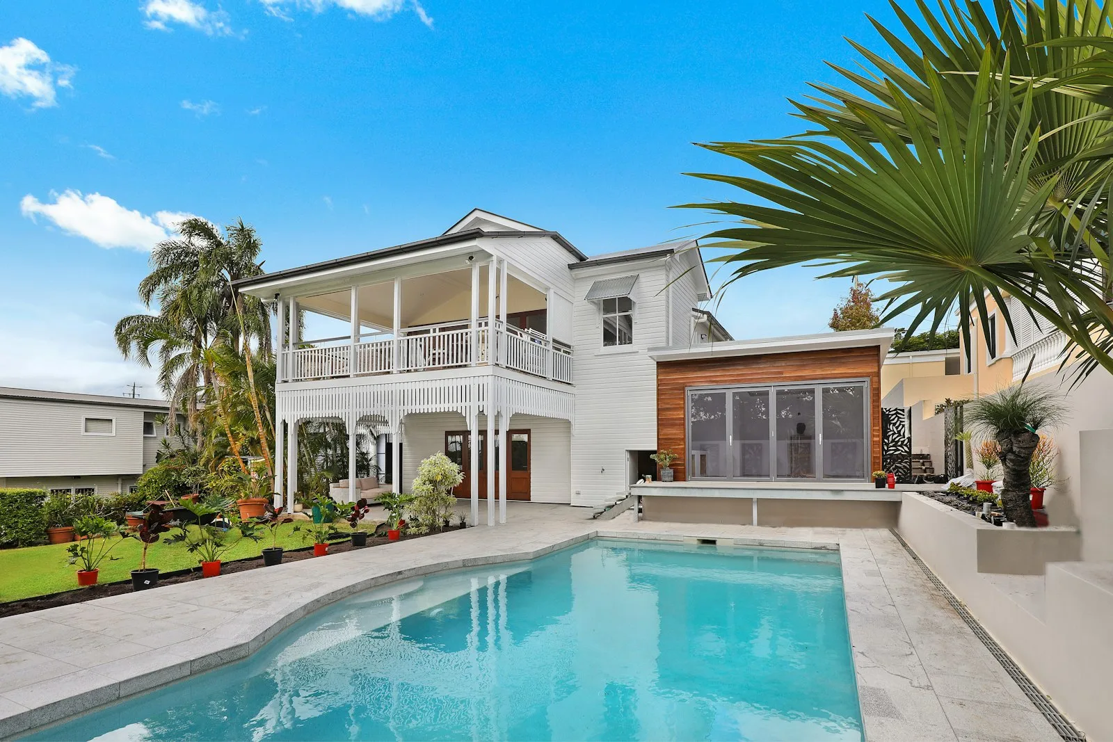 Freshly painted white Southern home exterior